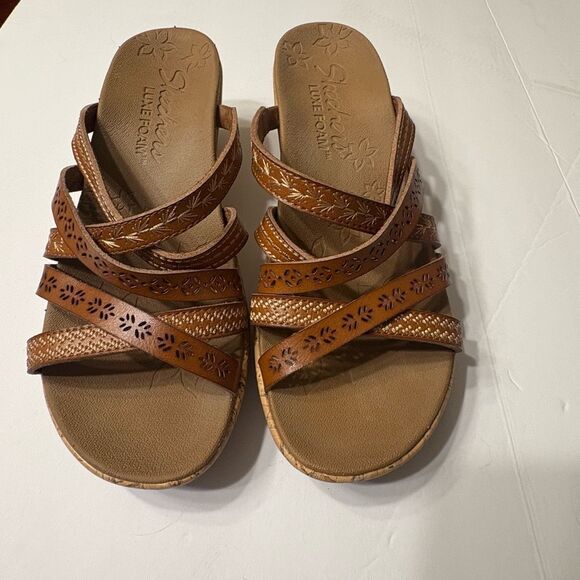 Skechers Shoes - Skechers Women's Cognac Brown Beverlee Tiger Posse Wedge Sandals Size 7